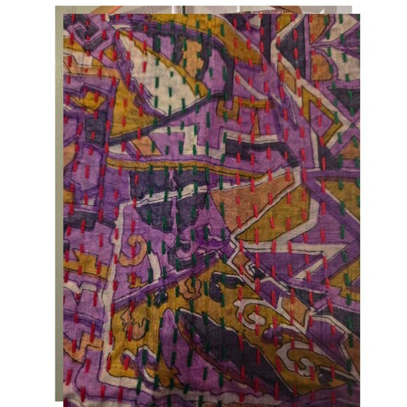 NEW Authentic Vintage Silk Kantha Scarf Handmade Bohemian Wrap Scarf Reversible - Picture 2 of 2